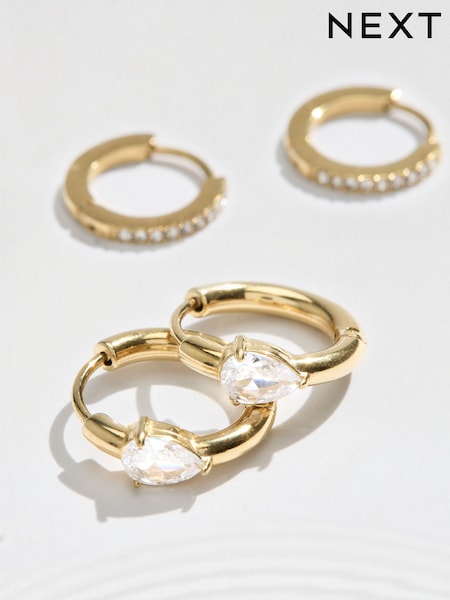 Gold Tone - Waterproof Stainless Steel Sparkle Huggie Hoop Earrings 2 Pack