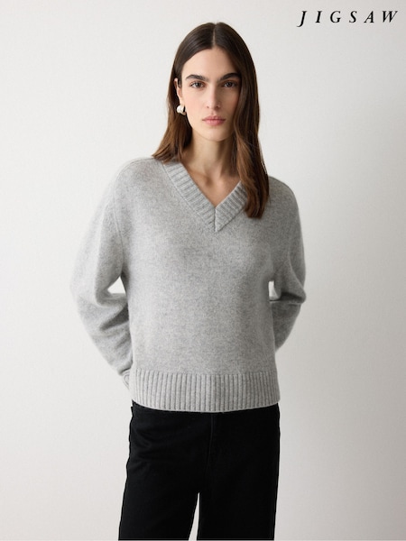 Jigsaw Grey Wool Cashmere Blend V-Neck Jumper (G91108) | £99