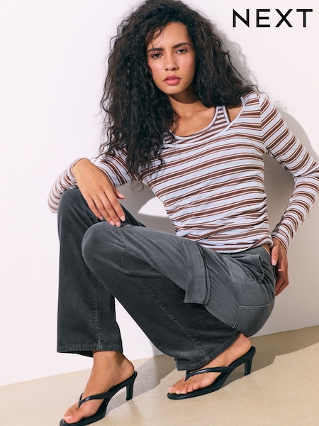 Grey - Straight Cargo Cord Trousers With Modal