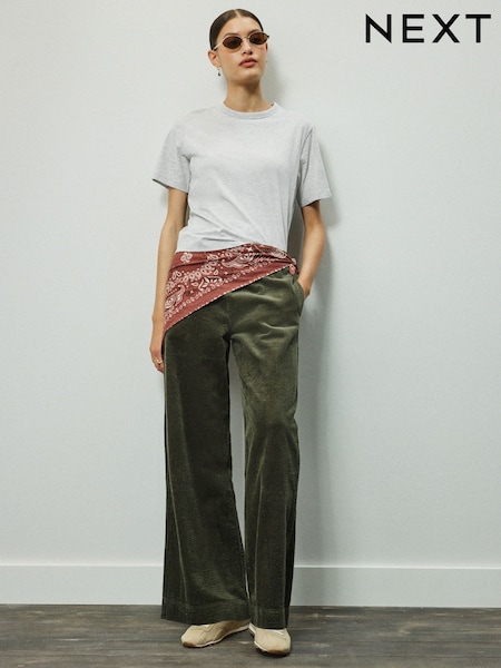 Khaki Green - Wide Leg Soft Cord Trousers
