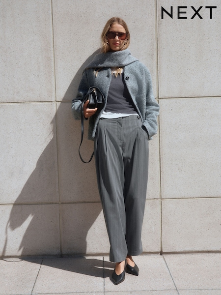 Grey Pinstripe - Barrel Leg Trousers With Button Hem
