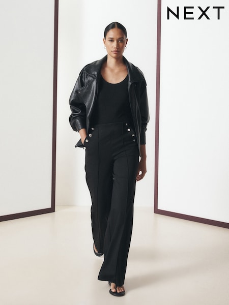 Black - Ponte Wide Leg Trousers With Button Detailing
