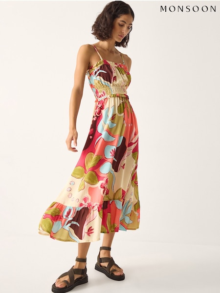 Monsoon Orange Iris Floral Print Bandeau Midi Dress (G91161) | £65