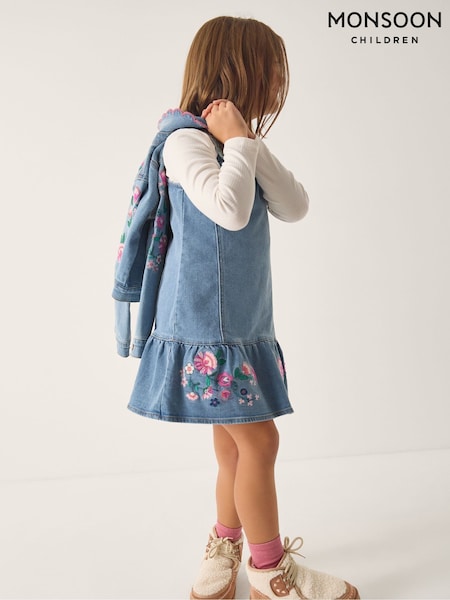 Monsoon Blue Embroidered Frill Denim Dress (G91330) | £34 - £39