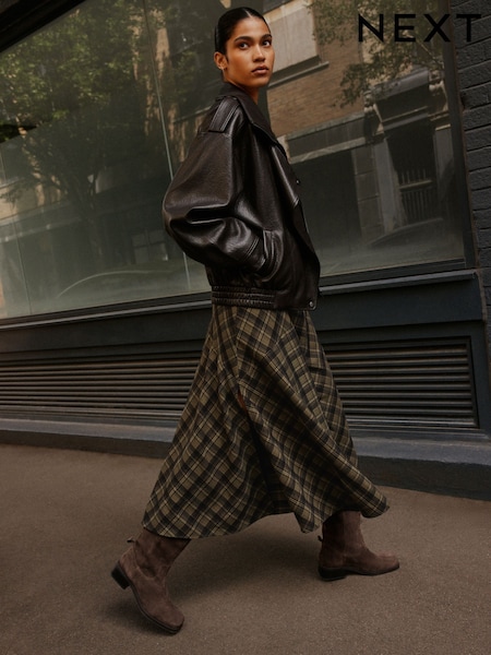 Green/Black Check - Drop Waist Brushed Maxi Skirt