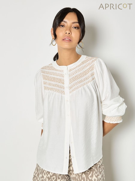 Apricot White Wavy Embroidered Smocked Blouse (G91435) | £40