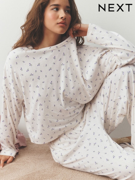 Cream Ditsy Floral - Cosy Pointelle Long Sleeve Pyjamas