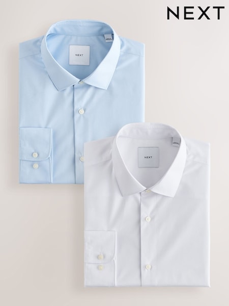White/Blue - Regular Fit Easy Care Long Sleeve Single Cuff Smart Shirts 2 Pack