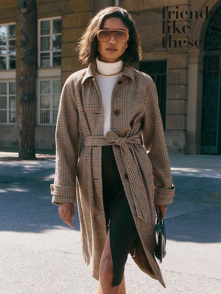 Brown Check Print - Friends Like These Maxi Length Belted Coat