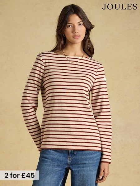Oat Marl & Rust Brown - Joules Harbour Striped Boat Neck Breton Top