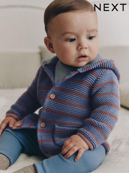 Blue & Burgundy Stripe - Knitted Baby Cardigan (0mths-2yrs)