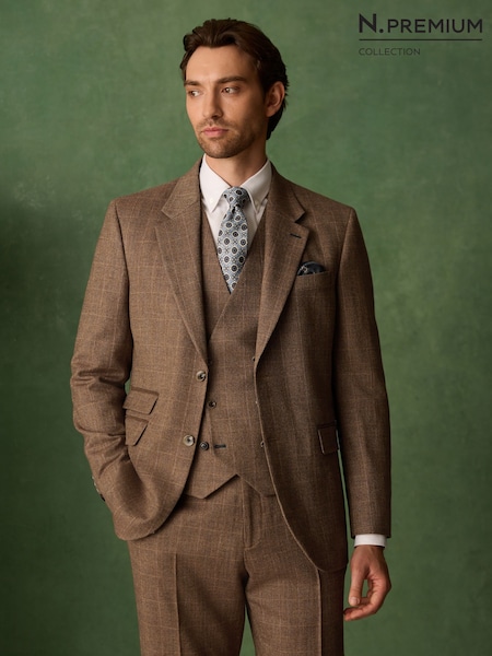 Rust Brown - Regular N. Premium Tailored Fit Wool Blend Trimmed Check Suit Jacket