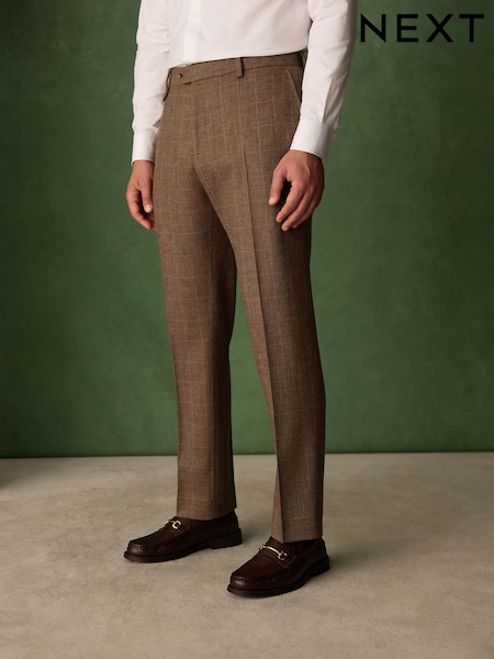 Rust Brown - Regular N. Premium Tailored Fit Wool Blend Trimmed Check Suit Trousers