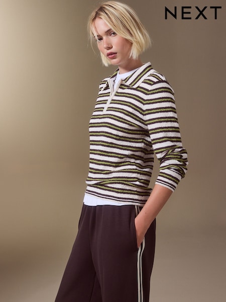 Green Stripe - Long Sleeve Knit Look Zip Polo Top