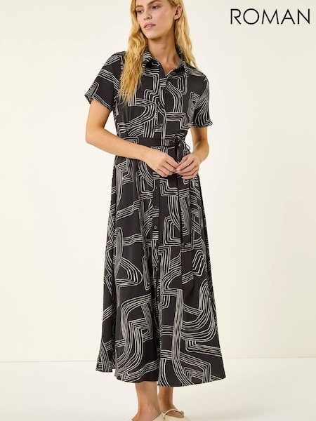 Roman Black Geo Linear Print Shirt Midi Dress (G93586) | £52