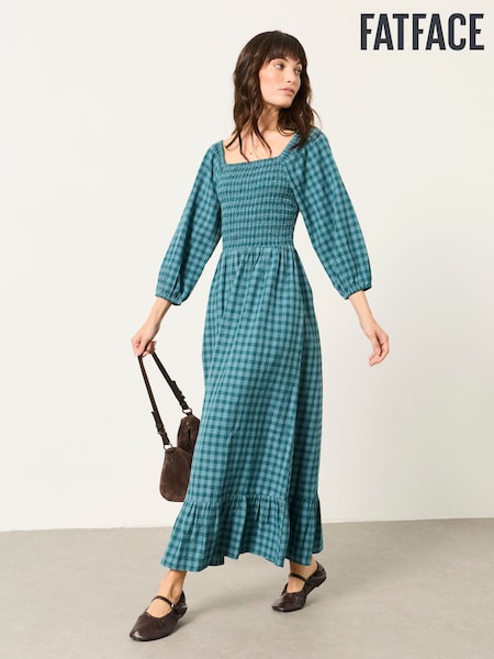 Teal Blue Check - Fatface Midi Dress