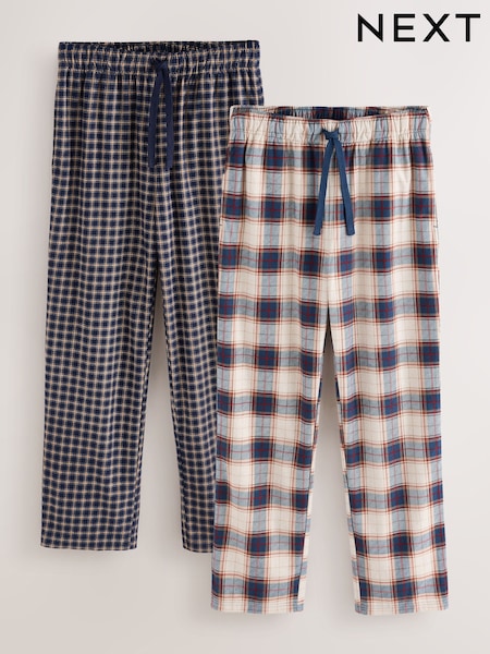 Navy/ Neutral - Regular Cosy Check Jersey Pyjama Bottoms 2 Pack