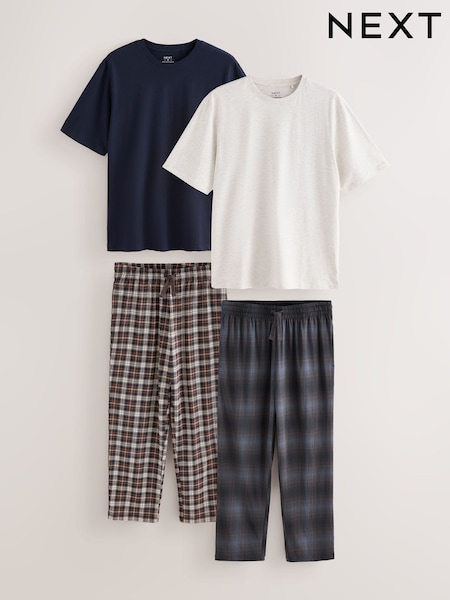 Navy/Ecru - Regular Pure Cotton Jersey Short Sleeve Pyjamas Set 2 Pack