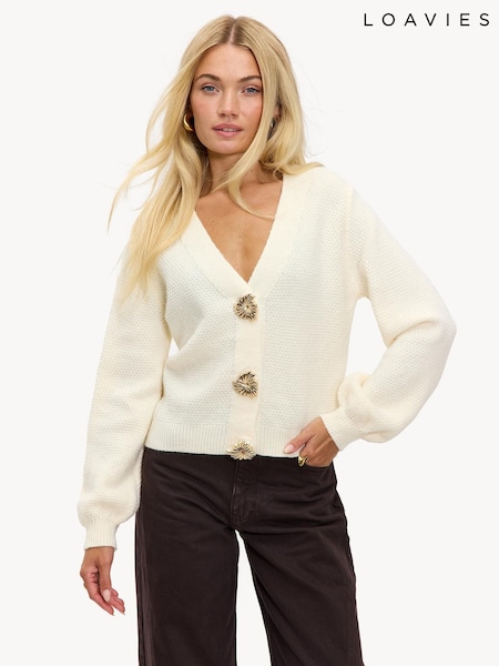 LOAVIES The Cosy Frost Statement Button Long Sleeve V-Neck White Cardigan (G93843) | £45