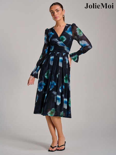 Jolie Moi Black Long Sleeve Printed Mesh Midi Dress (G93962) | £78