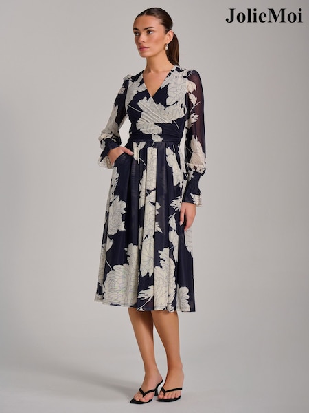 Jolie Moi Blue Long Sleeve Printed Mesh Midi Dress (G93965) | £78