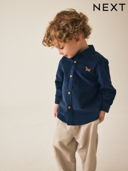 Navy Dog Embroidery - Long Sleeve Cord Shirt (3mths-7yrs)