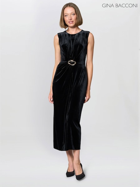 Gina Bacconi Claudine Velvet Black Midi Dress (G94084) | £220