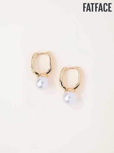 Gold Tone - Fatface Faux Pearl Hoop Earrings