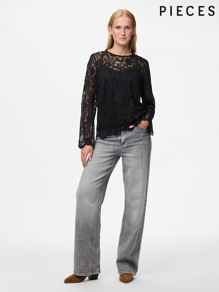 PIECES Black Long Sleeve Lace Top (G94212) | £30