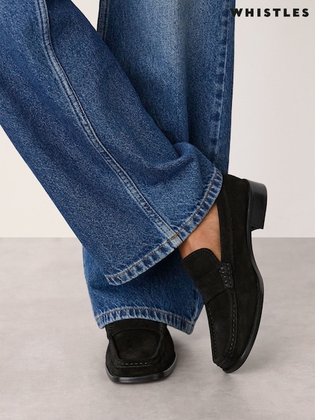 Whistles Black Mora Suede Square Toe Loafers (G94402) | £155