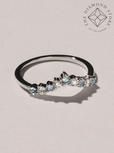 The Diamond Store Blue White Aquamarine and Lab Diamond Wishbone Ring in 9K Gold (G94455) | £365