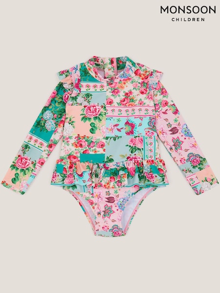 Monsoon Green Baby Patchwork UPF50+ Long Sleeve Swimsuit (G94613) | £24 - £28