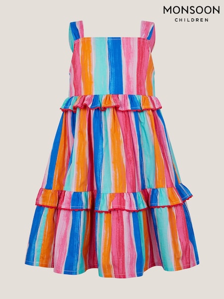 Monsoon Pink Rainbow Stripe Tiered Dress (G94623) | £28 - £32