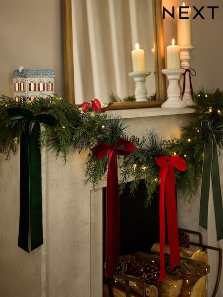 Artificial Light Up Christmas Garland With Bows