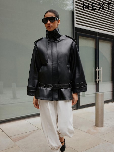 Black - Faux Leather Funnel Belted Jacket