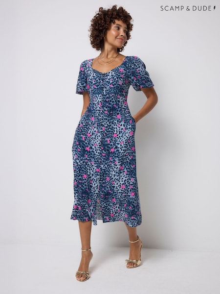 SCAMP & DUDE Blue Sweetheart Puff Sleeve Tea Dress Cheetah With Stars Print (G95449) | £110