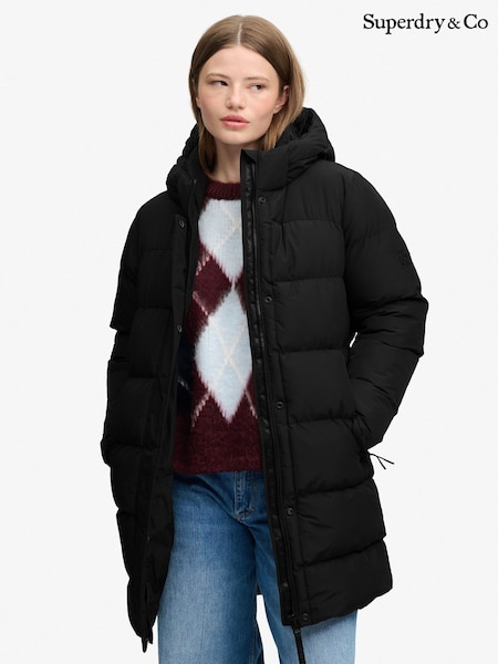 Black - Superdry Hooded Sports Puffer Mid Length Jacket