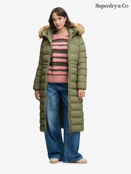 Green - Superdry Hooded Faux Fur Fuji Longline Jacket