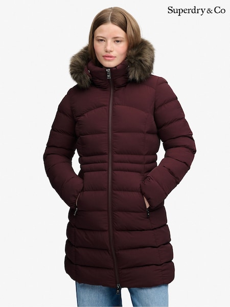 Burgundy Red - Superdry Hood Faux Fur Fuji Mid Length Jacket
