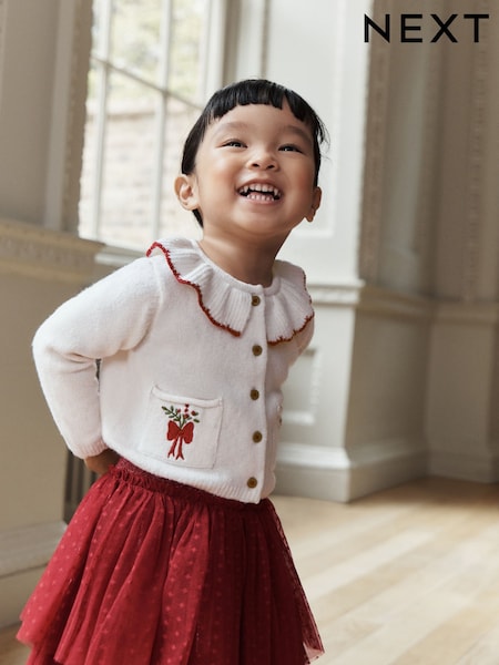 Ecru and Burgundy Red - Embroidered Cardigan And Skirt Set (3mths-10yrs)
