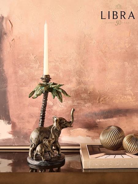 Libra Interiors Gold Palm Candle Stick with Elephants (G95756) | £85