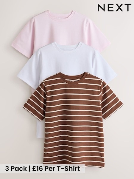 Brown/Pink/Ecru Stripe - Heavyweight Basic T-shirts 3 Pack