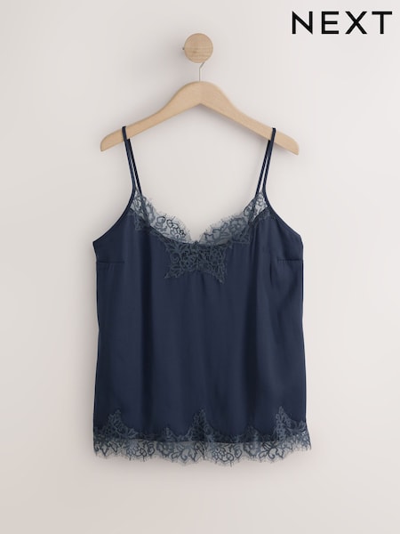Navy - Lace Trim Satin Cami Top