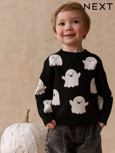 Black/White Ghost - Halloween Knitted Crew Neck Jumper (3mths-7yrs)