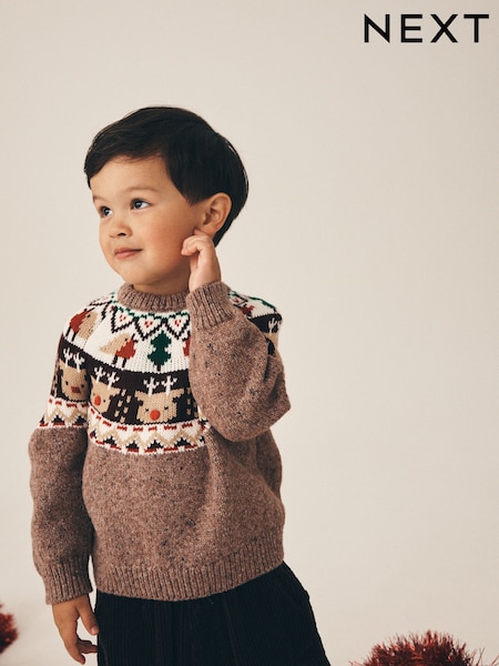 Brown Fairisle Reindeer - Christmas Crew Neck Jumper (3mths-7yrs)