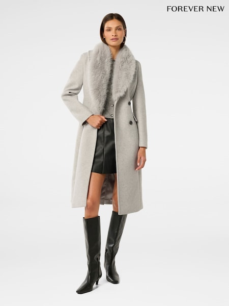 Forever New Grey Chelsea Double Breasted Fur Collared Coat (G96578) | £150