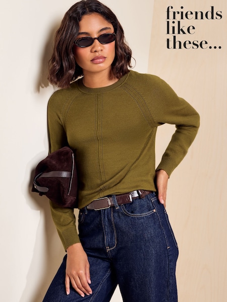 Olive Green - Friends Like These Crew Neck Stitch Detail Jumper