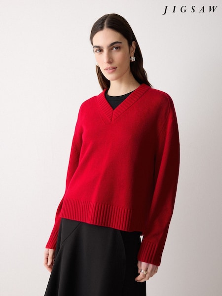 Jigsaw Red Wool Cashmere Blend V-Neck Jumper (G96746) | £99