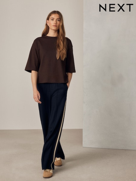 Navy Blue - Ponte Wide Leg Trousers With Side Stripes