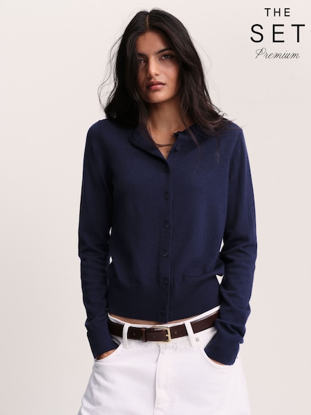 Navy Blue - The Set Crew Neck Long Sleeve Merino Cardigan